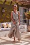 Italian Beige V-Neck Sleeveless Lined Washable Segmented Collar Sequined Silk Woven Dress 120 60 - 5