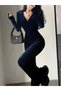 Women's long sleeve hooded zipper velvet jumpsuit - 2