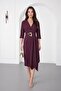 Women's Plum Double-Breasted Collared Belted Midi Event Dress