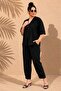 Women's Plus Size V-Neck Single Button Three-Quarter Sleeve Lower Waist Elastic Lace-Up Pocketed Slim-Fit Lyocell 2-Piece Woven Set - 3