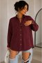 Women's Burgundy Cotton Linen Double Pocket Wooden Button Pinterest Oversize Shirt - 2