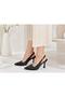 Black Satin Polka Dot Pointed Heeled Shoes with Gold Buckle - 2