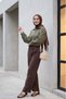 Muslin Pants with Lace Detail and Pockets, Elastic Waist - Dark Brown - 3