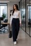 Frieda Navy Blue High Waist, Wide Leg, Special Production, Side Elastic Women's Fabric Trousers New Season