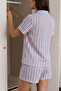 Lilac Purple White Striped Short Sleeve Women's Pajama Set with Shorts, Stripe Patterned Pajama Set - 7