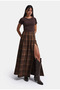 Women's Brown Plaid W6-35 Maxi Length Skirt with Belt Detail and Special Design - 7