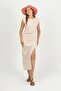 Beige Shoulder Detailed Waist Gathered Slit Double Fabric Midi Dress Tns-9002 - 6