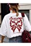 Women's Floral Ribbon Patterned Oversize Crew Neck Printed T-Shirt