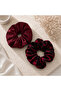 Handmade Red Leopard Patterned Satin & Burgundy Fabric Scrunchie Double Women's Hair Tie Set