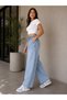 Women's Snow Washed Elastic Waist Comfortable Fit Wide Leg Blue Jean Soft Denim Trousers with Pockets - 2