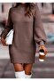 Women's Half Turtleneck Ribbed Knit Sweater Dress Balloon Sleeve Mini