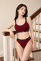 Women's Burgundy Ribbed Love Strap Bralet Slip Panties Underwear Set