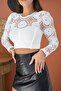 Women's Ecru Crop Blouse with Lace Detail, Gathered Shoulders, Long Sleeves, Round Neck - 3