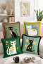 Set of 4 Fringed-Tasseled Throw Pillow Covers with Floral Cat Figures Modern Decorative Pillowcases - 2