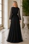 Women's Long Tulle Sleeves Double Breasted Collar Lycra Glitter Comfortable Cut Stylish Chiffon Black Long Evening Dress - 3