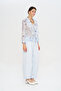 Women's V-Neck Ruffled Floral Patterned Blue Shirt - 4