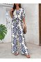 Women's Short Sleeve V-Neck Patterned Aerobin Blouse and Trousers Two-Piece Set - 2