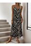 Women's Rope Strap V-Neck Patterned Long Single Jersey Dress - 4