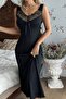 Women's Strappy Lace Collared Long Thick Ribbed Camisole Nightgown - 2