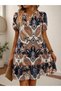 Women's Short Sleeve V-Neck Patterned Short Single Jersey Dress - 2