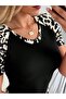 Women's Short Sleeve Round Neck Viscose Blouse with Stripe Detail on the Sleeves and Leopard Print - 3