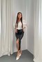 Women's Black Faux Leather Drawstring Detailed High Waist Slit Midi Pencil Skirt - 3