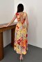 Women's Yellow Floral Patterned V-Neck Waist-Tie Backless Midi Dress - 5