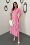Women's Pink Polka Dot V-Neck Gipeli Balloon Sleeve Slit Midi Dress - 2