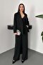 Women's Black Jacket-Pants Set Shimmering Jacket Pants Set Jacket Lapel Wide Leg Long Sleeve