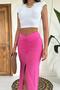 Women's Fuchsia Slit Midi Skirt with Ruffle Detail, High Waist, Straight Pencil Cut - 3