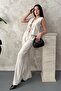 Women's Beige V-Neck Bow Front Sleeveless Wide Leg Cotton Blouse Pants Set - 2