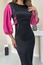 Women's Black Fuchsia Midi Satin Dress Fuchsia Balloon Sleeves Side Tie Boat Neck - 5