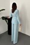 Women's Blue Jacket Pants Set Waist-Tied Jacket Lapel Wide Leg Woven - 4