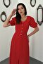 Women's Red Polka Dot V-Neck Buttoned Short Sleeve Slit Flared Maxi Dress - 3