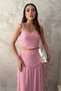 Women's Pink Bottom - Top Set Suspender Lace Crop Blouse and High Waist Ruffle Long Skirt Set - 4