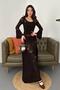 Women's Brown Maxi Knitwear Dress Openwork Knitted Patterned U-Neck Spanish Sleeve - 2