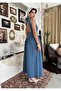 Women's Dark Blue Denim Midi Dress with Backless Tie Detail, Sleeveless - 4