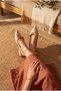 Women's Beige Gold Oval Buckle Pointed Toe Heeled Shoes - 6