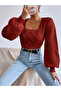 Chest Collar Balloon Sleeve Braided Knitwear Sweater - 2