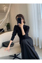 فستان أسود سادة بأكمام ثلاثة أرباع وقصة A-Line متوسطة الطول - 5