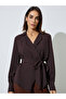 Brown Textured Long Sleeves Belted Wrap Top - 3