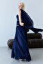 Navy Blue Strapless Crystal Stone Embroidered Draped Shawl Detailed Long Evening Dress - 5