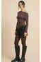 Women's Brown Boat Neck Off-Shoulder Gathered Detailed Asymmetrical Cut Lycra Stretchy Ribbed Fabric Blouse - 4