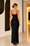 Women's Black Sequined Thin Strap V-Neck Bodycon Long Evening Dress - 5