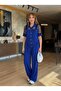 Women's Short-Sleeved Collared Jacket with Buttons and Mesh Detail, Modal Jacket and Pants Two-Piece Set - 3