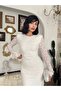 Women's White Midi Dress Lace Textured Crew Neck Long Sleeve Gathered - 4