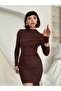 Women's Coffee Mini Dress Draped Gathered Long Sleeve High Collar Bodycon - 5