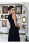 Women's Black Midi Dress Boat Neck Sleeveless Lace Embroidered Flared Cut - 5