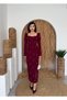 Women's Burgundy Midi Dress with Pearl Detail, Square Neck, Slit, Long Sleeves - 6