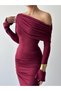 Women's Burgundy Midi Dress Asymmetrical Collar Long Sleeve Draped Slim Fit - 8